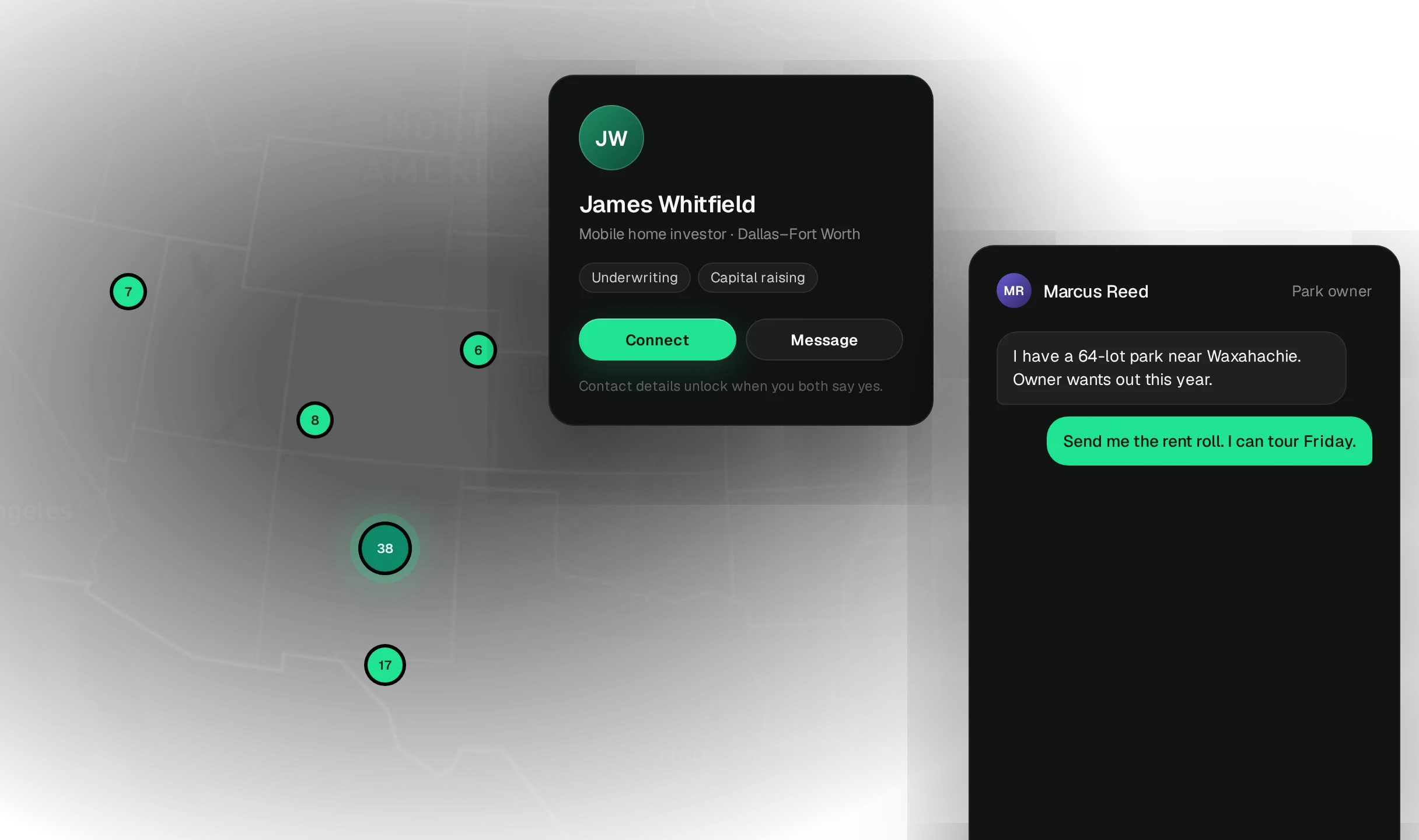 The MHP Pros network: investors in Dallas–Fort Worth, a member profile with Connect and Message, members by market on a map, and a conversation about an off-market park.